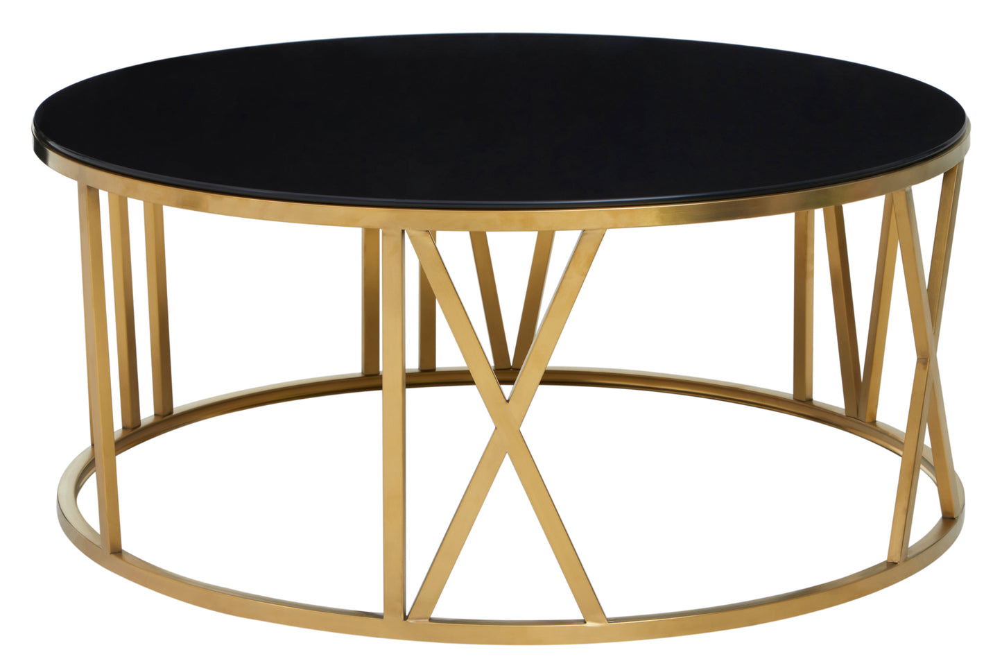 Round coffee table with stainless steel frame in brushed gold finish with black tempered glass top.