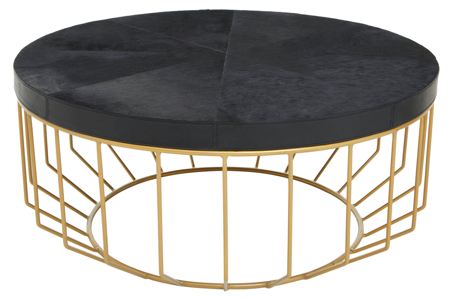 Round coffee table has a black hair on hide leather tabletop with gold iron base.