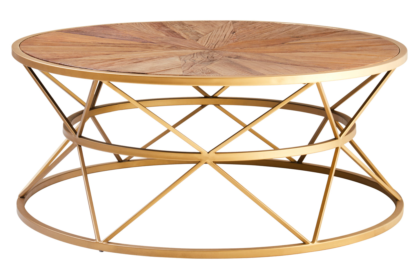 Natural round elm wood with warm metallic base. Rustic top with sunburst pattern.