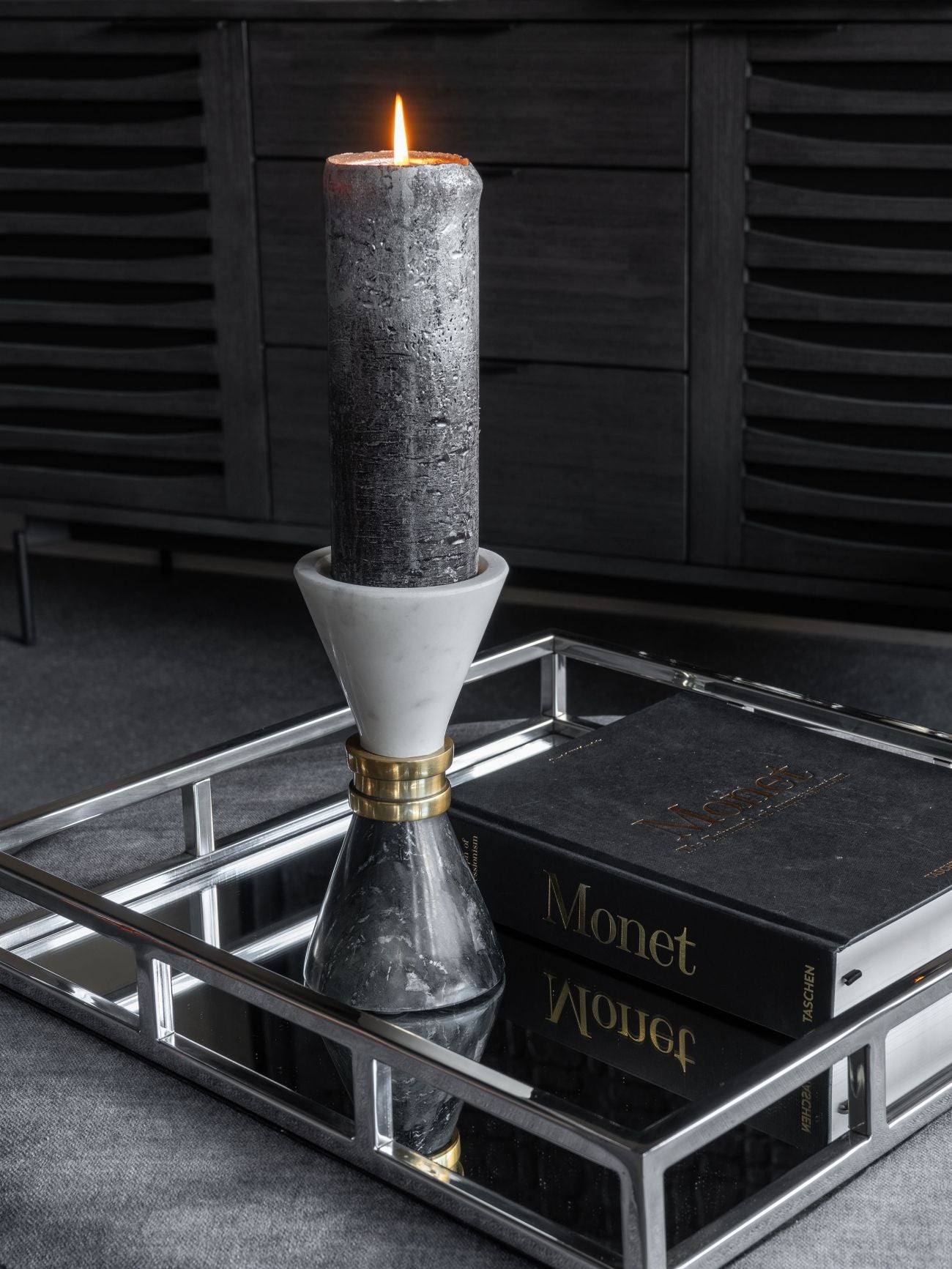 Ravello White & Black Mable Candle Holder 25cm