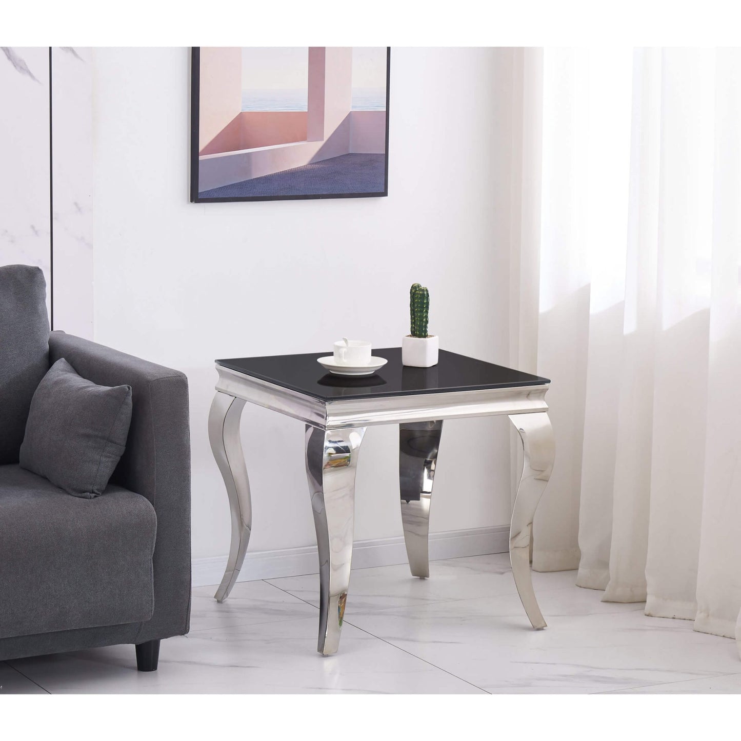 Lamp Table Black Glass & Silver Legs