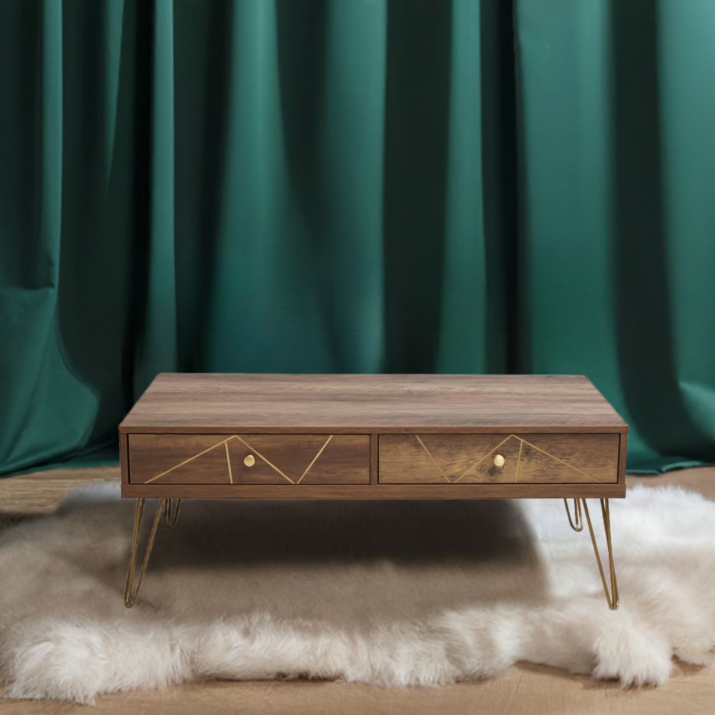 Two drawers coffee table with wood veneering effect and hairpin legs.