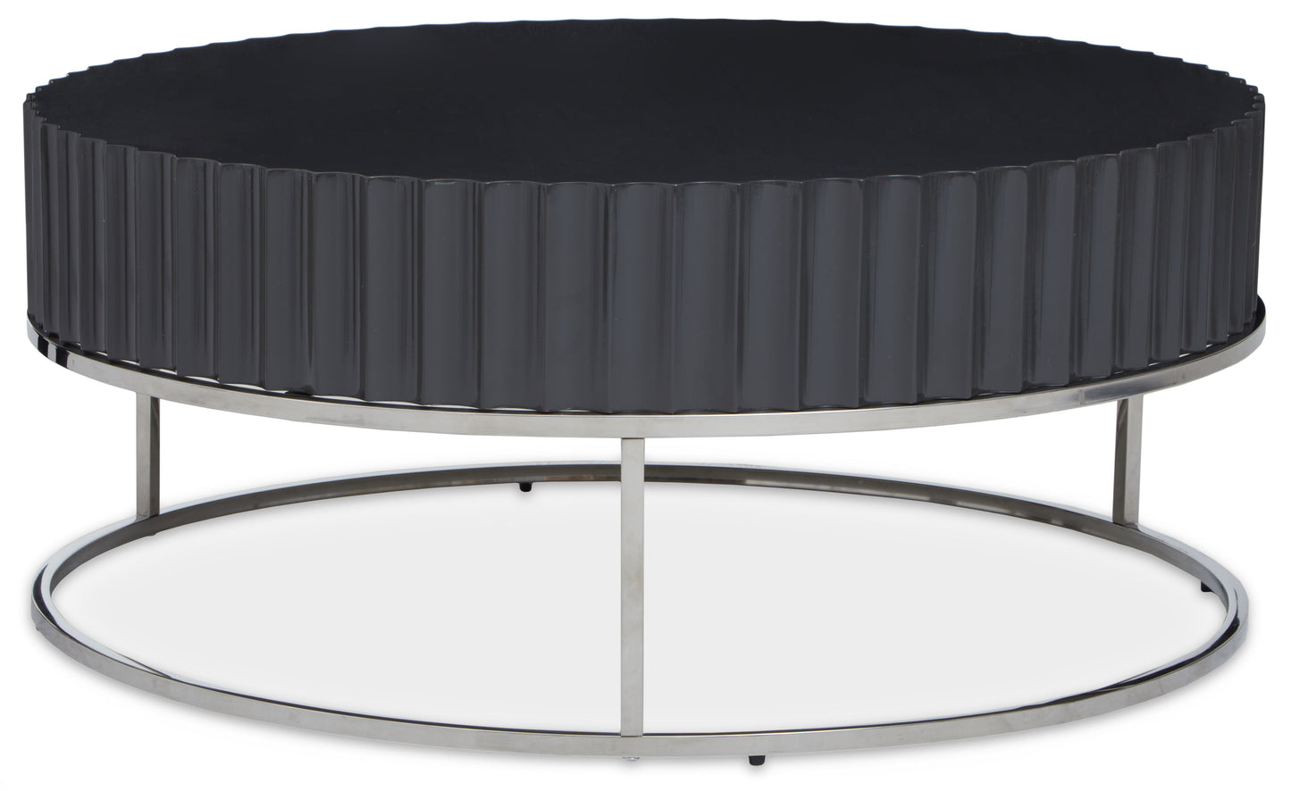 Coffee table features a flat top with fluted carvings in a grey finish and airy polished stainless steel frame.