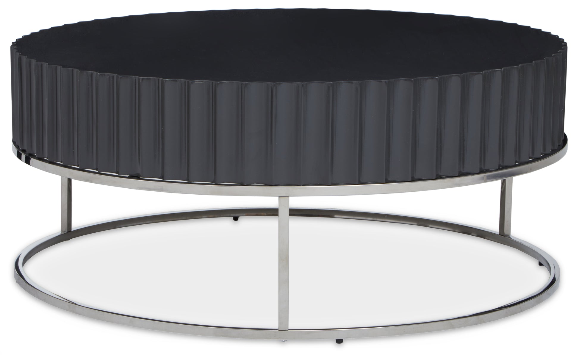 Coffee table features a flat top with fluted carvings in a grey finish and airy polished stainless steel frame.