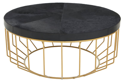Round coffee table has a black hair on hide leather tabletop with gold iron base.