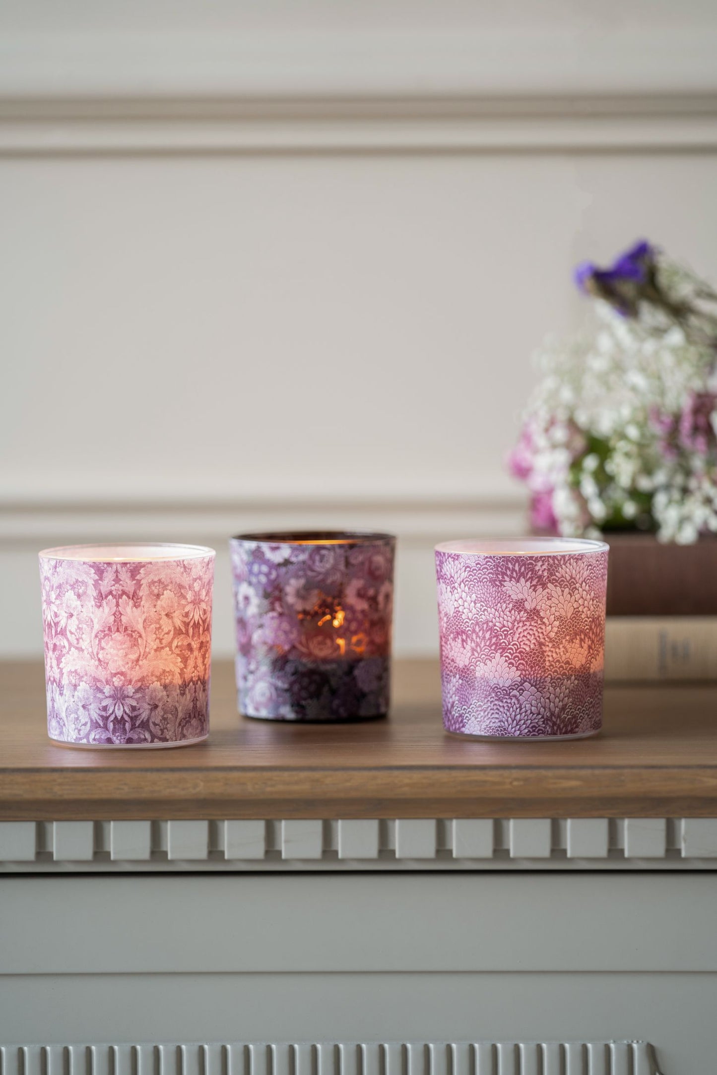 Set Of 3 Honington Peony Mixed Glass Votives