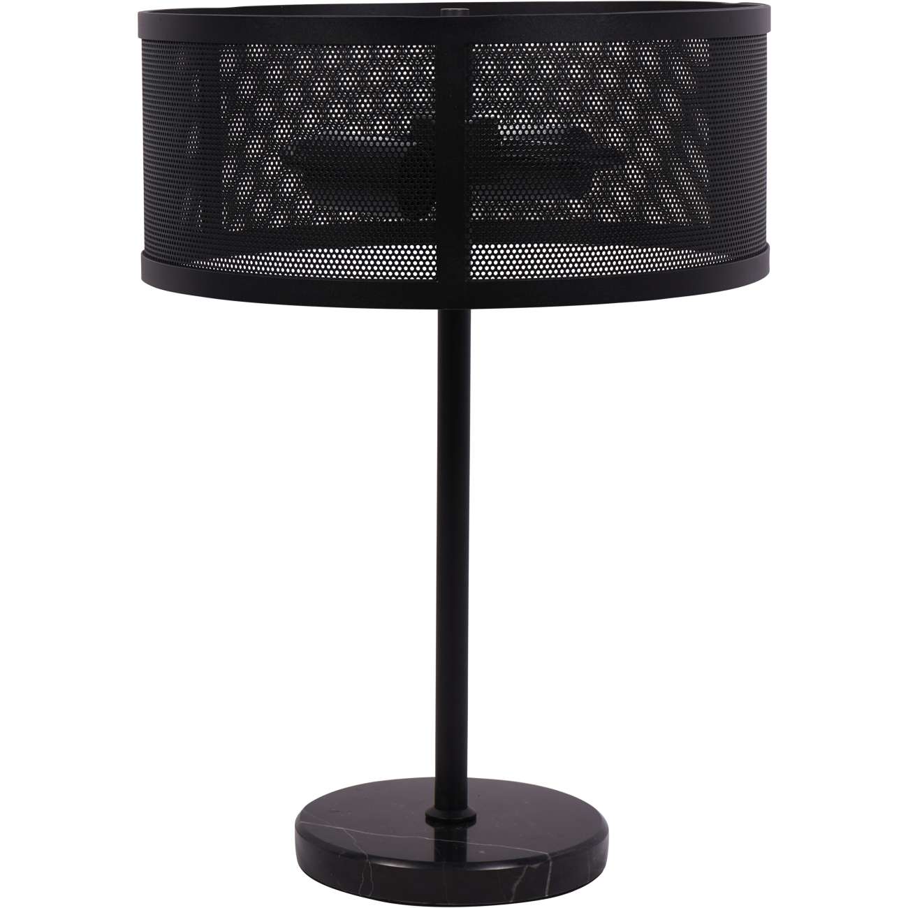 Black table lamp with perforated design on a white background