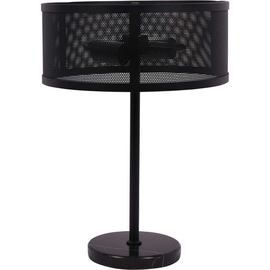 Black table lamp with perforated design on a white background