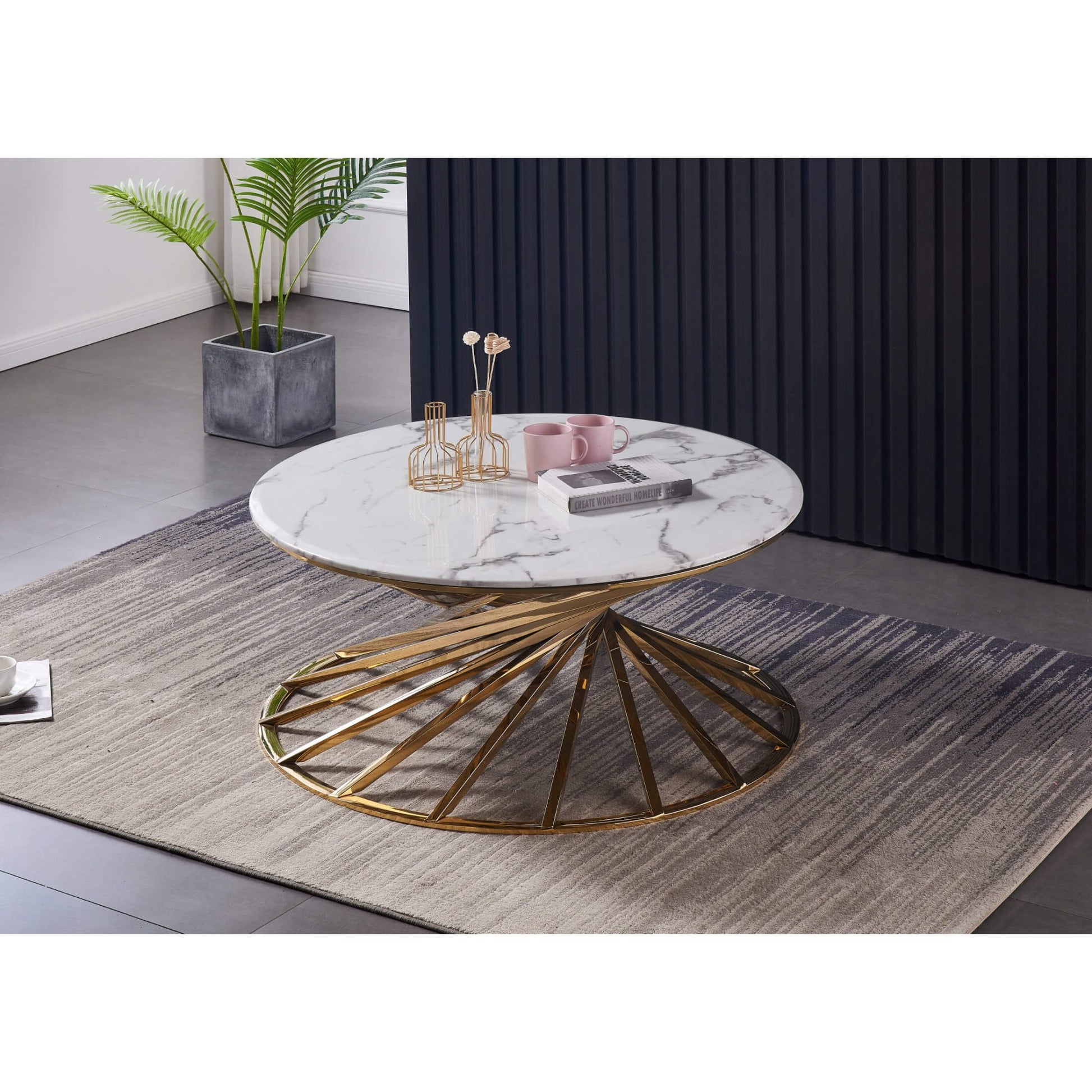 Round Marble Coffee Table with Gold Frame