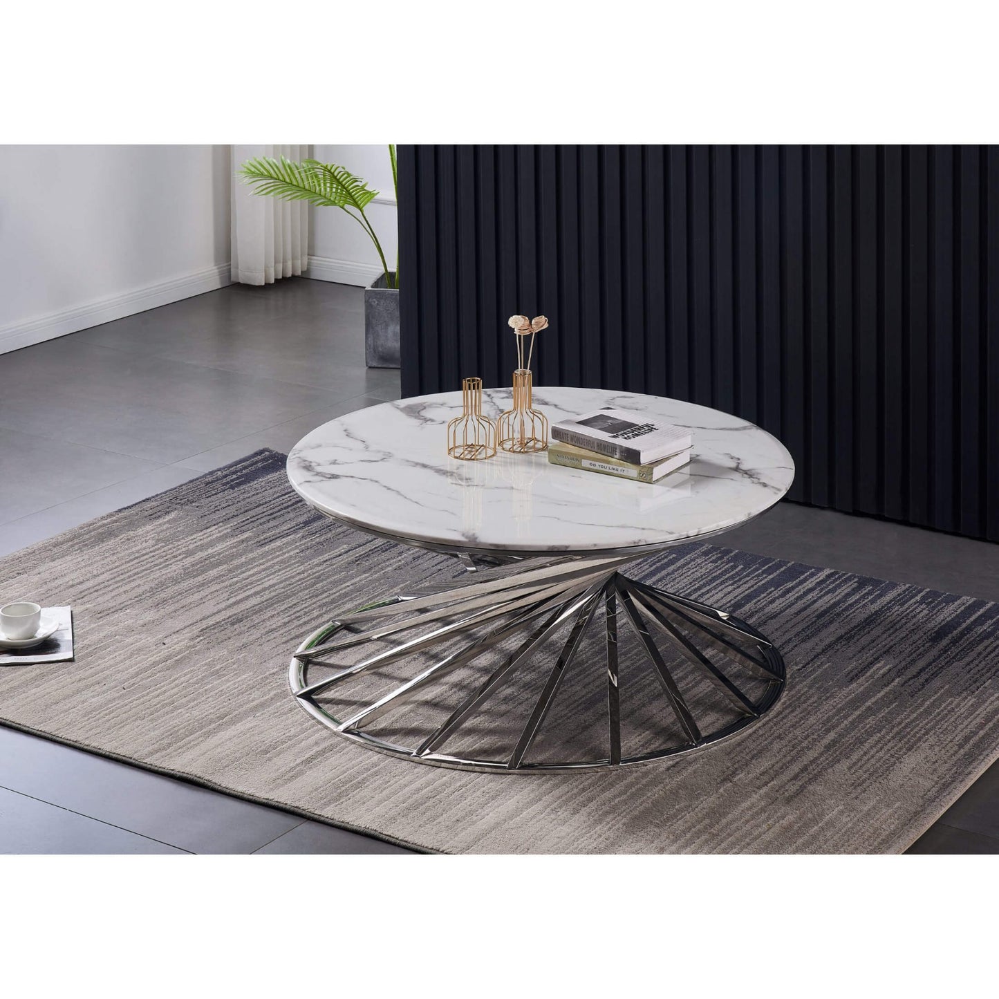 Round Marble Coffee Table with Silver Frame