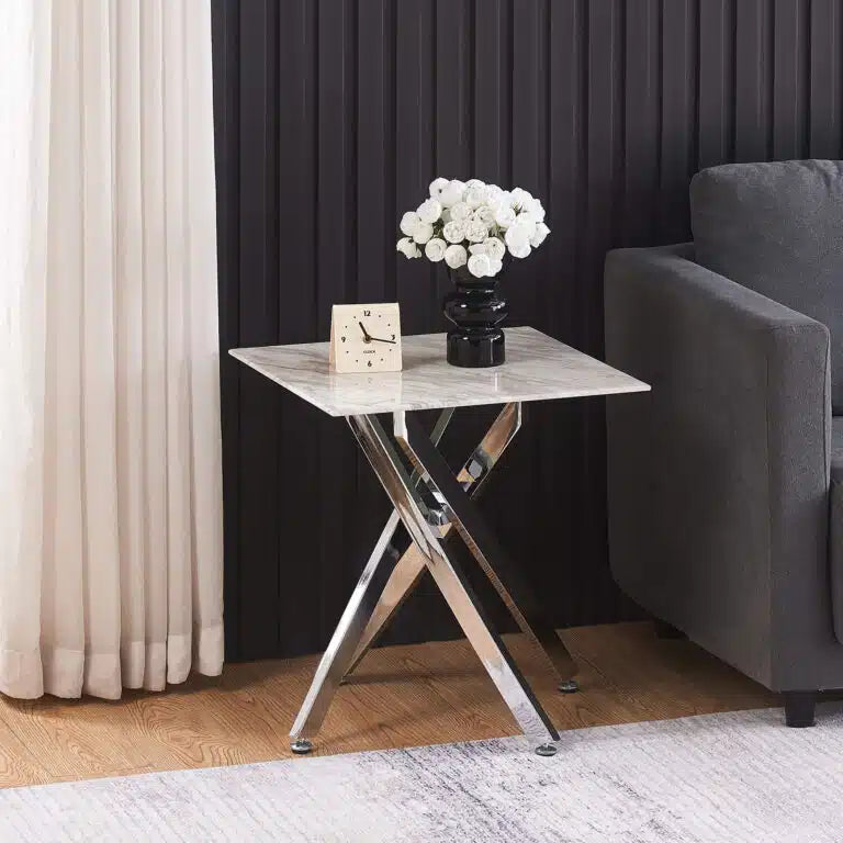 Marble Effect Glass Lamp Table with Silver Legs